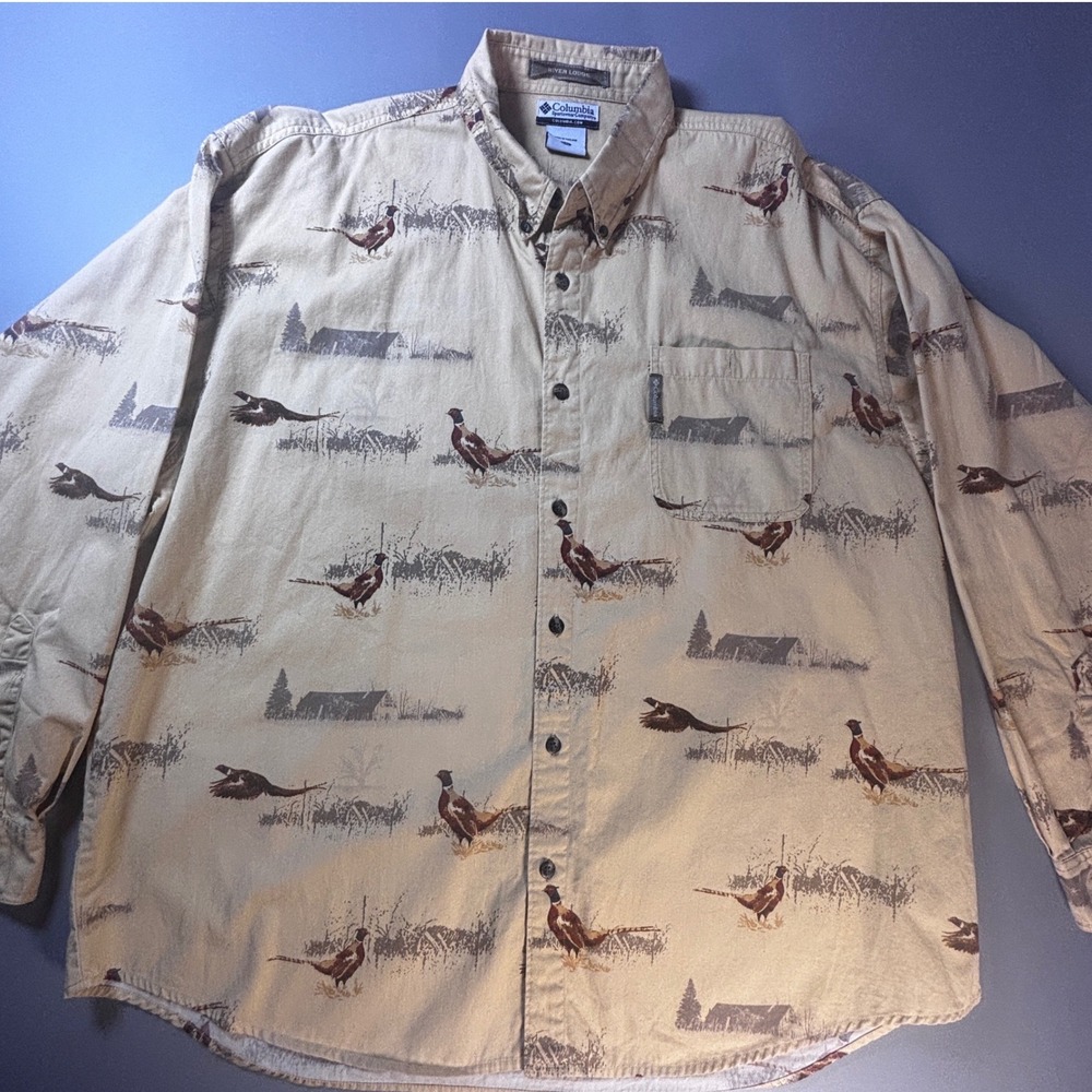 Columbia River Lodge Pheasant Hunting Shirt XXL Upland Bird All Over Print Khaki